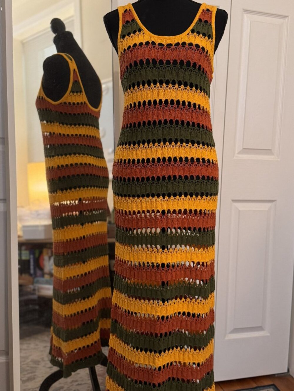 Boho Striped Crochet Maxi Dress | Open Knit Swim Cover-Up